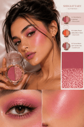 SHEGLITTARY Glitter Duo eyeshadow palette with ultra-pigmented matte and shimmer shades, soft glam sparkle finish, swatched on multiple skin tones for everyday and party makeup looks.