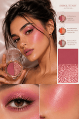 SHEGLITTARY Glitter Duo eyeshadow palette with ultra-pigmented matte and shimmer shades, soft glam sparkle finish, swatched on multiple skin tones for everyday and party makeup looks.