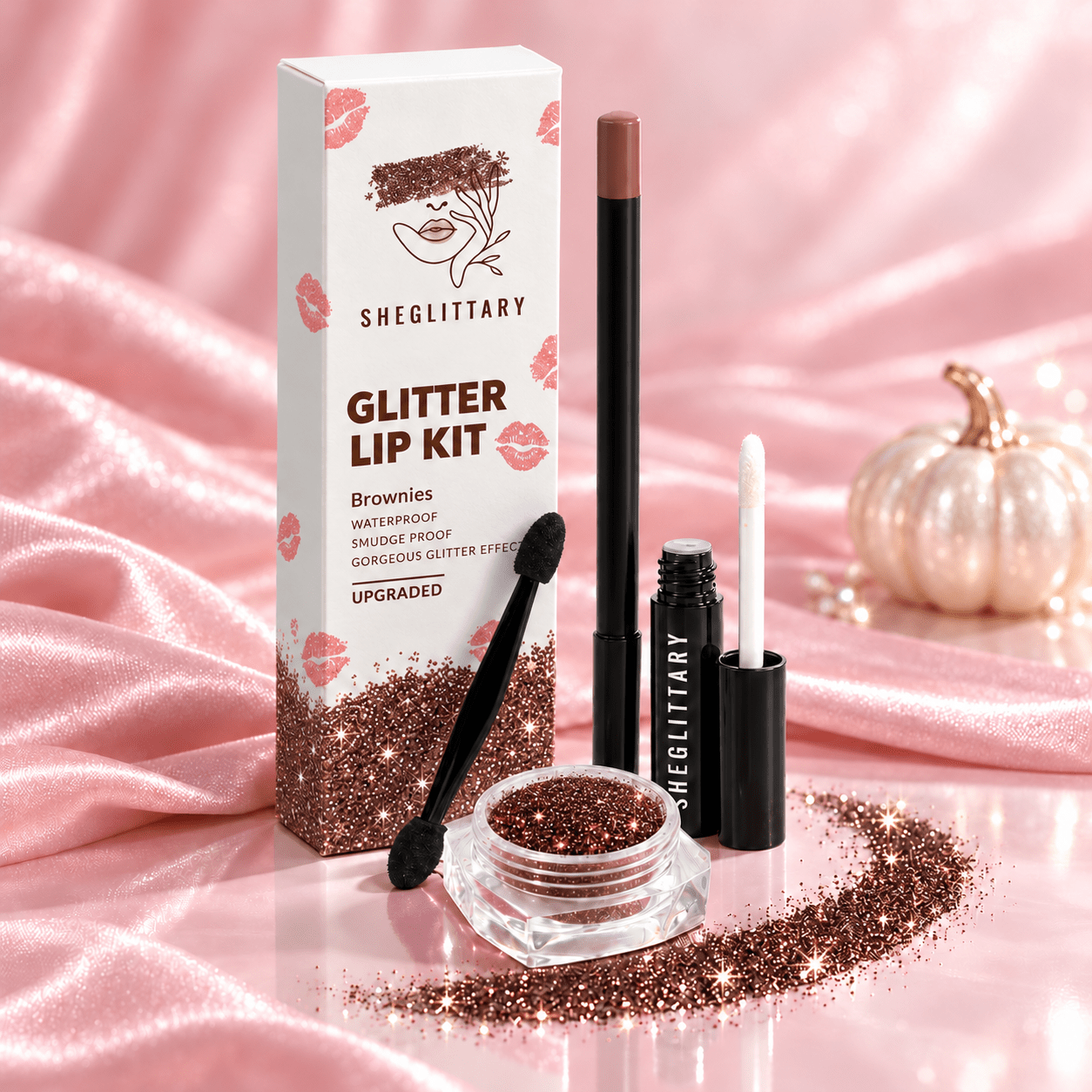 SHEGLITTARY Brownies Glitter Lip Kit – upgraded packaging on pink satin