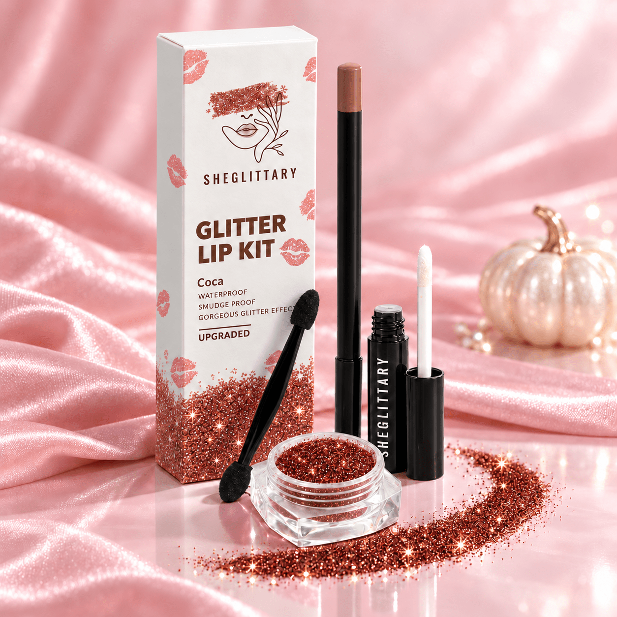 SHEGLITTARY Coca Glitter Lip Kit – upgraded packaging on pink satin