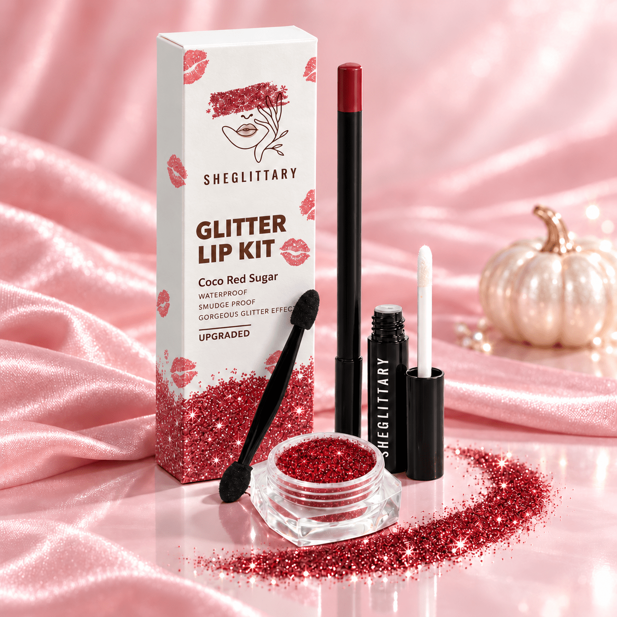SHEGLITTARY Coco Red Sugar Glitter Lip Kit – upgraded packaging on pink satin