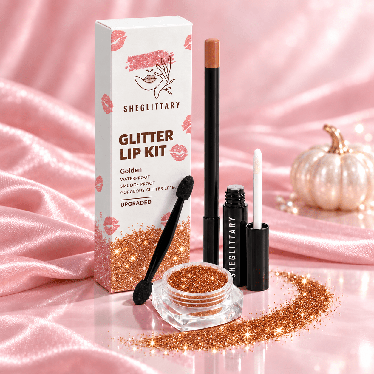 SHEGLITTARY Golden Glitter Lip Kit – upgraded packaging on pink satin