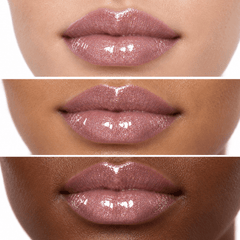 Sheglittary High Lip Gloss Blossom illustrative lip swatches on light medium and deep skin