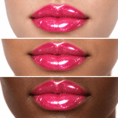 Sheglittary High Lip Gloss Cotton Candy illustrative lip swatches on light medium and deep skin