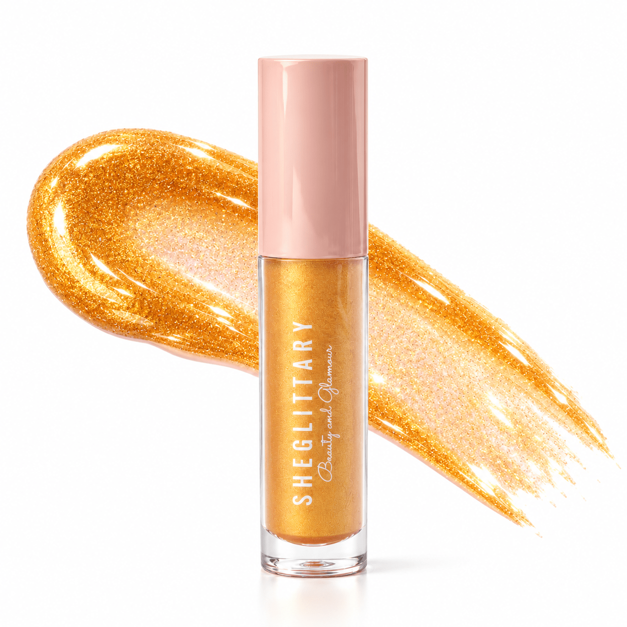 Sheglittary High Lip Gloss Gold Rush bottle and matching gloss swatch