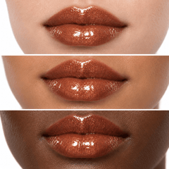 Sheglittary High Lip Gloss Sweet Like Hunny illustrative lip swatches on light medium and deep skin