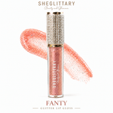 Sheglittary Glitter Lip Gloss Fanty bottle and swatch