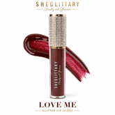 Sheglittary Glitter Lip Gloss Love Me bottle and swatch