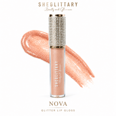 Sheglittary Glitter Lip Gloss Nova bottle and swatch