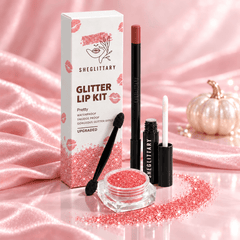 SHEGLITTARY Pretty Glitter Lip Kit – upgraded packaging on pink satin