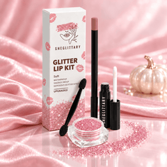 SHEGLITTARY Soft Glitter Lip Kit – upgraded packaging on pink satin