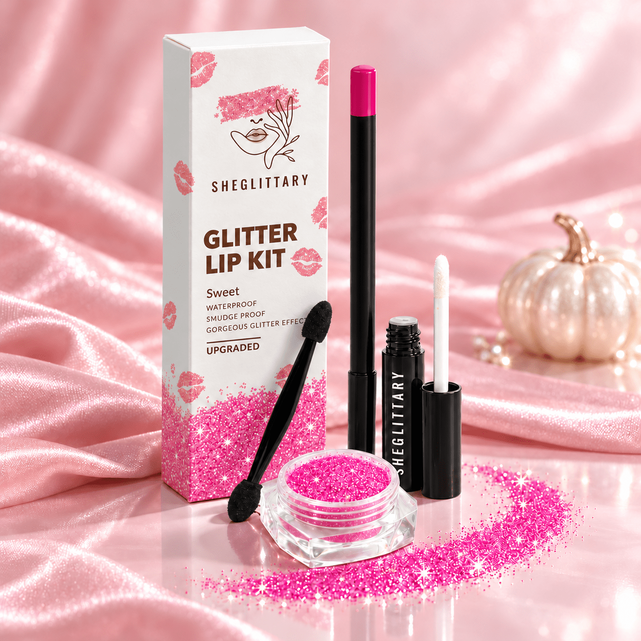 SHEGLITTARY Sweet Glitter Lip Kit – upgraded packaging on pink satin