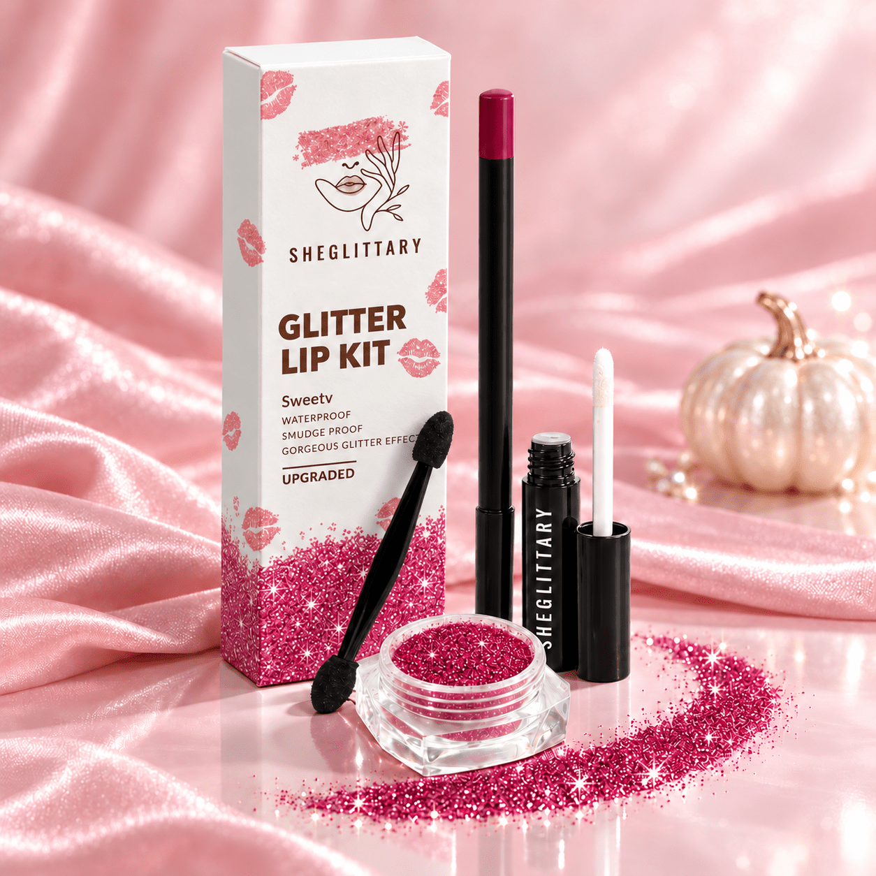 SHEGLITTARY Sweetv Glitter Lip Kit – upgraded packaging on pink satin