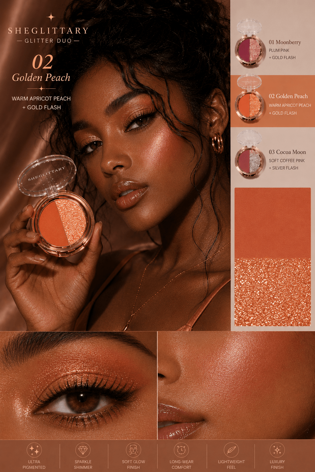 SHEGLITTARY Glitter Duo eyeshadow palette with ultra-pigmented matte and shimmer shades, soft glam sparkle finish, swatched on multiple skin tones for everyday and party makeup looks.