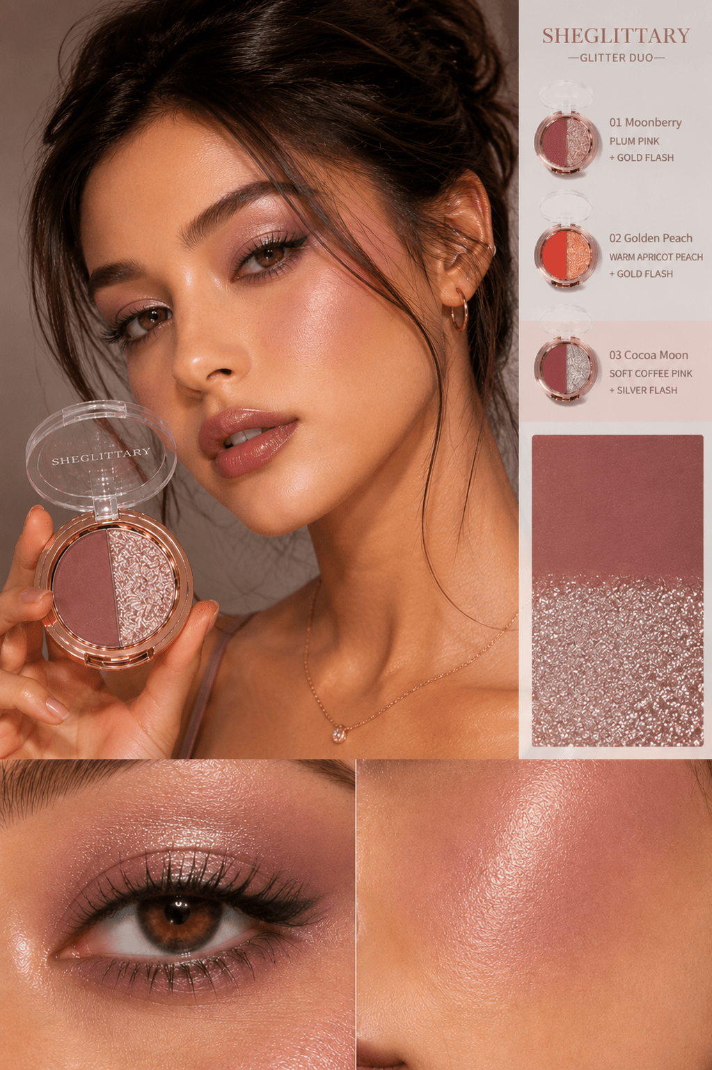SHEGLITTARY Glitter Duo eyeshadow palette with ultra-pigmented matte and shimmer shades, soft glam sparkle finish, swatched on multiple skin tones for everyday and party makeup looks.
