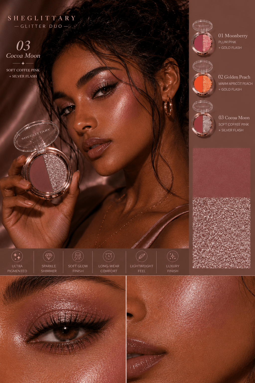 SHEGLITTARY Glitter Duo eyeshadow palette with ultra-pigmented matte and shimmer shades, soft glam sparkle finish, swatched on multiple skin tones for everyday and party makeup looks.