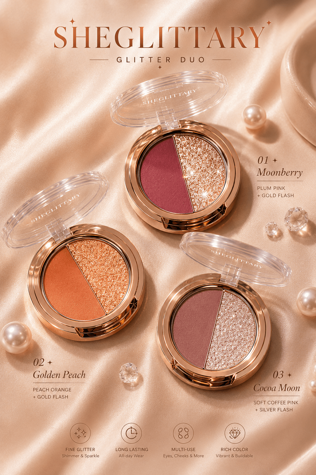 SHEGLITTARY Glitter Duo eyeshadow palette with ultra-pigmented matte and shimmer shades, soft glam sparkle finish, swatched on multiple skin tones for everyday and party makeup looks.