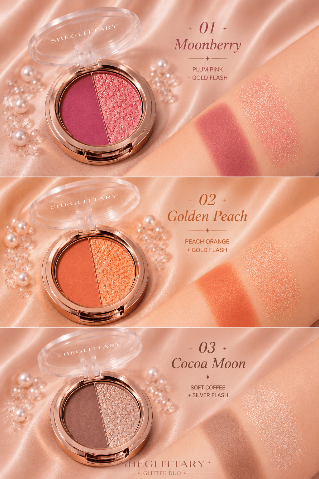 SHEGLITTARY Glitter Duo eyeshadow palette with ultra-pigmented matte and shimmer shades, soft glam sparkle finish, swatched on multiple skin tones for everyday and party makeup looks.