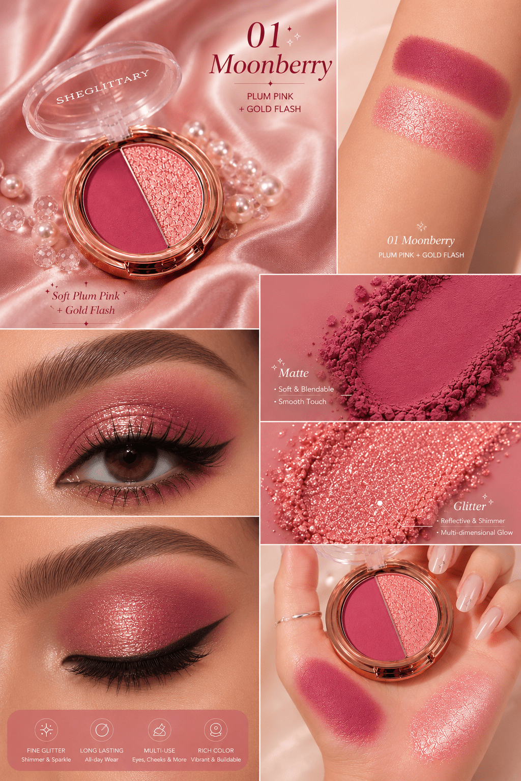 SHEGLITTARY Glitter Duo eyeshadow palette with ultra-pigmented matte and shimmer shades, soft glam sparkle finish, swatched on multiple skin tones for everyday and party makeup looks.