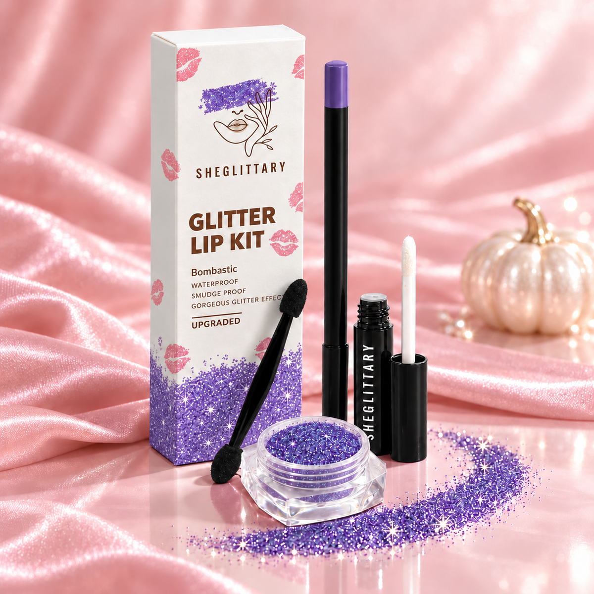 SHEGLITTARY Bombastic Glitter Lip Kit – upgraded packaging on pink satin