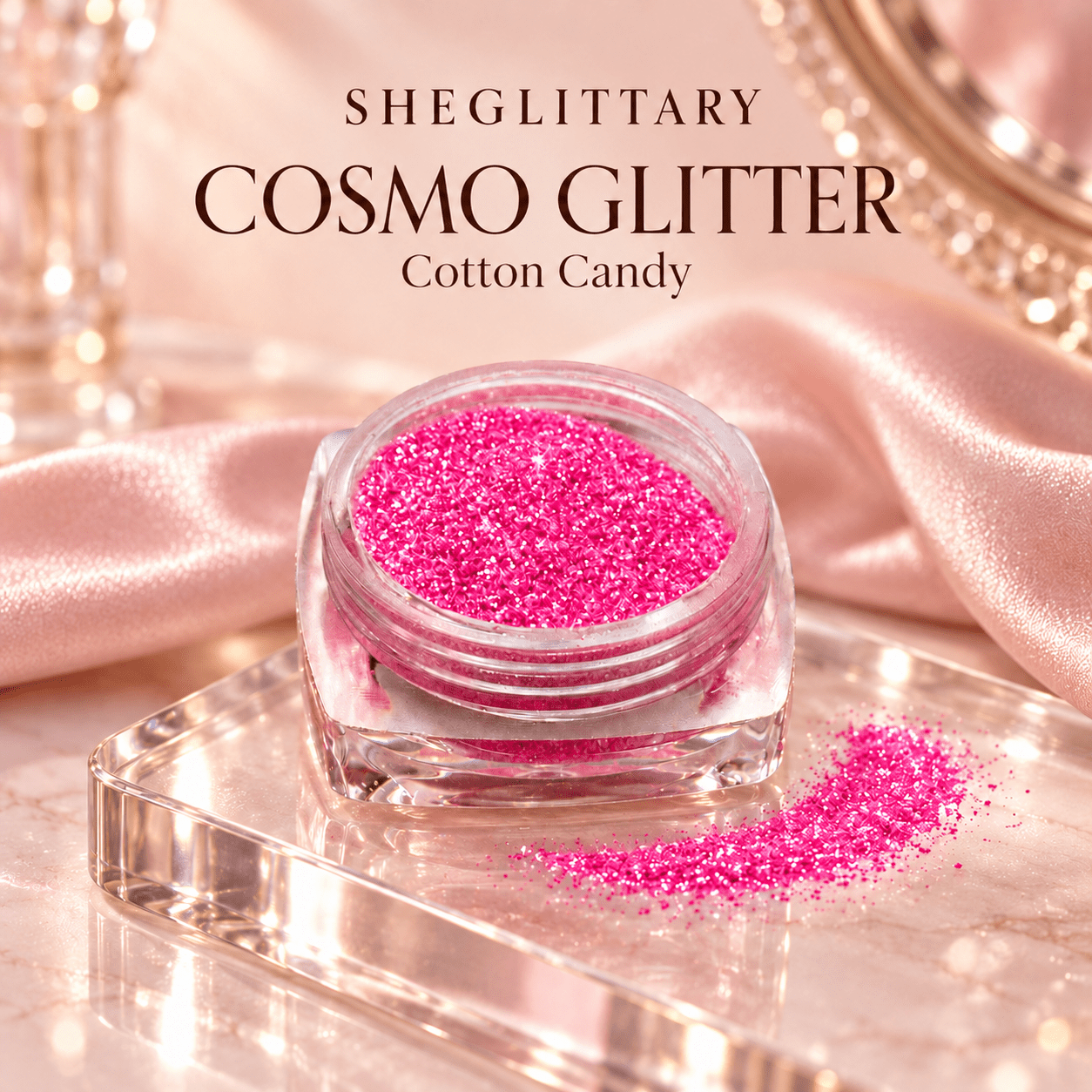 SHEGLITTARY Cosmo Glitter Cotton Candy – blush satin vanity