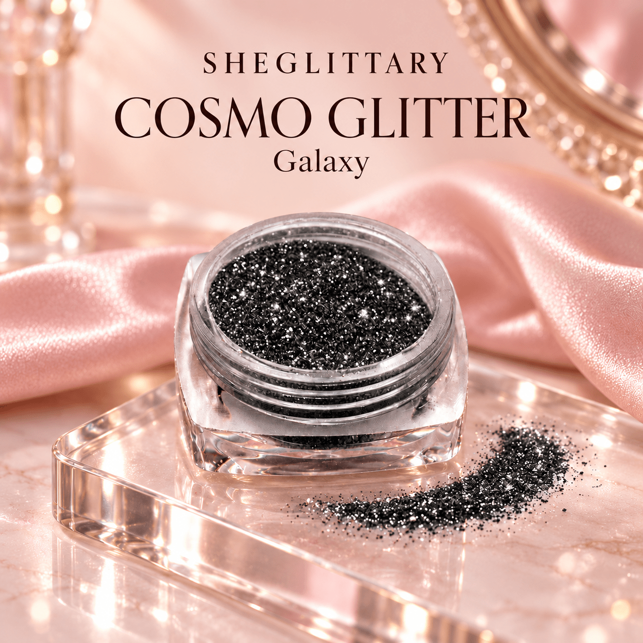SHEGLITTARY Cosmo Glitter Galaxy – blush satin vanity