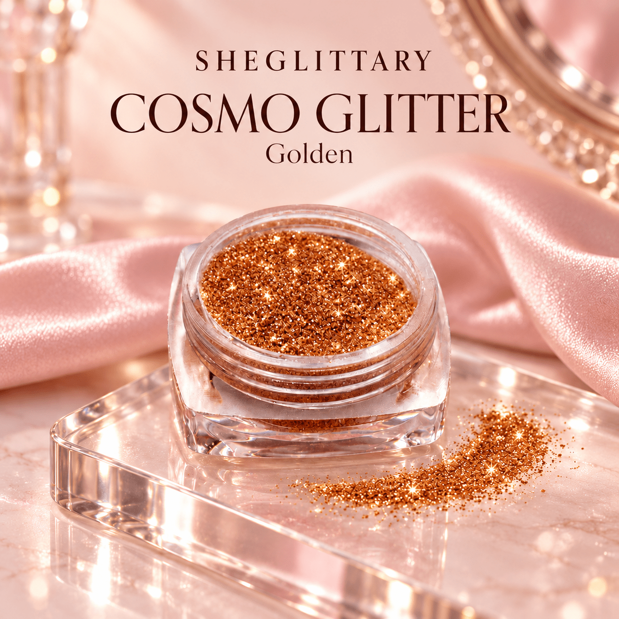 SHEGLITTARY Cosmo Glitter Golden – blush satin vanity