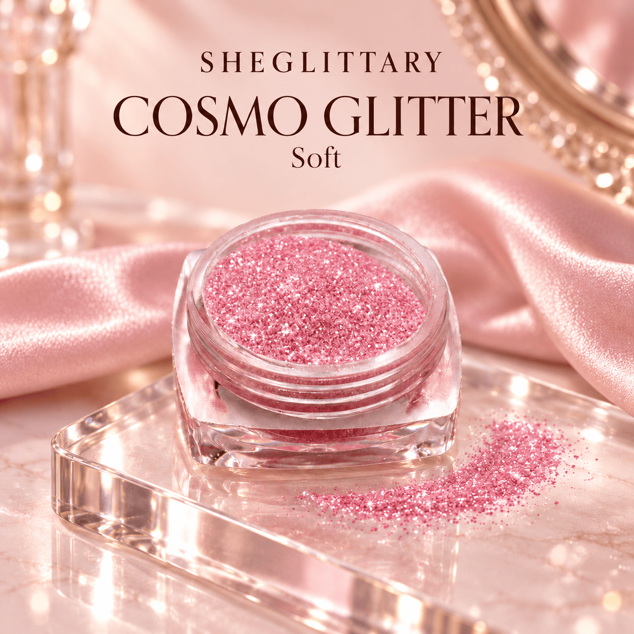SHEGLITTARY Cosmo Glitter Soft – blush satin vanity