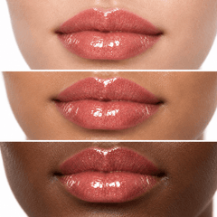 Sheglittary High Lip Gloss About U illustrative lip swatches on light medium and deep skin