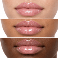 Sheglittary High Lip Gloss Angel illustrative lip swatches on light medium and deep skin