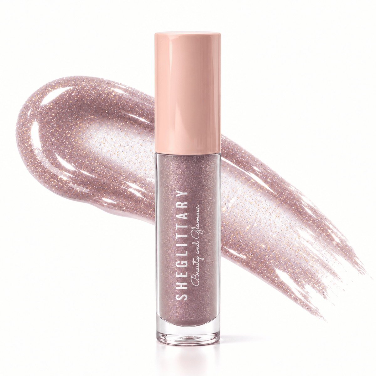 Sheglittary High Lip Gloss Blossom bottle and matching gloss swatch
