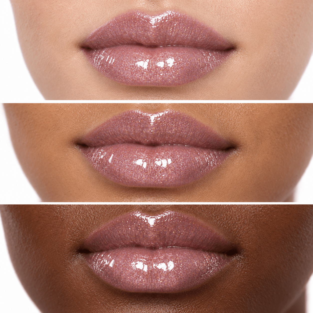 Sheglittary High Lip Gloss Blossom illustrative lip swatches on light medium and deep skin