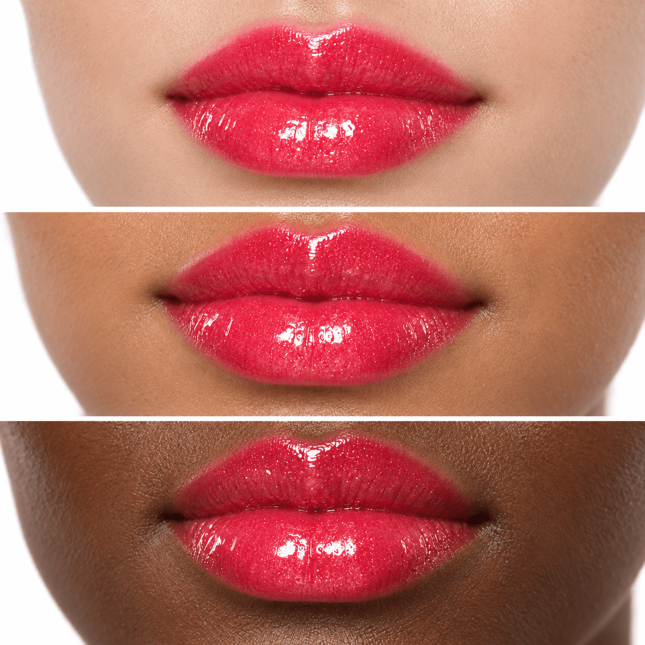 Sheglittary High Lip Gloss Candy A illustrative lip swatches on light medium and deep skin