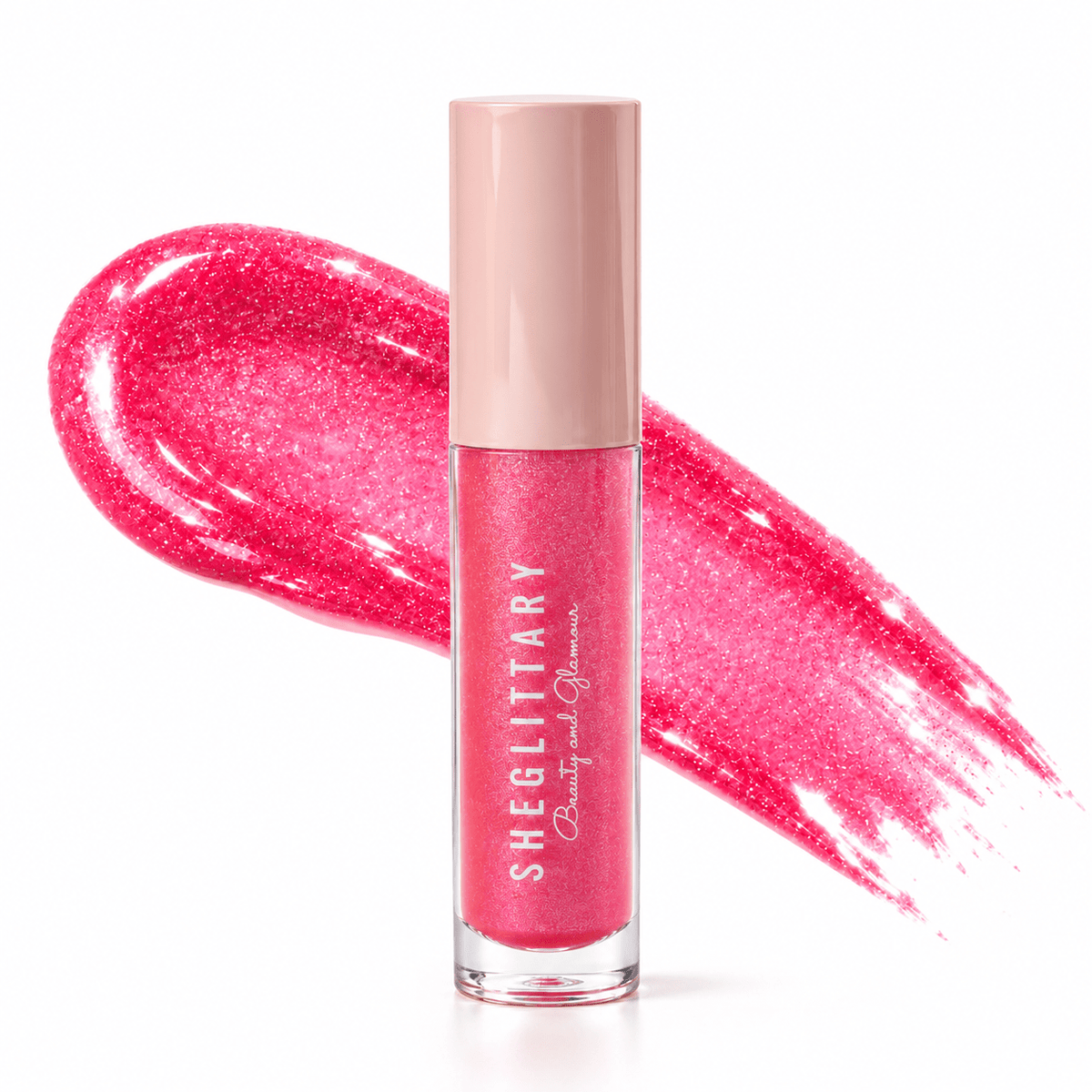 Sheglittary High Lip Gloss Cotton Candy bottle and matching gloss swatch
