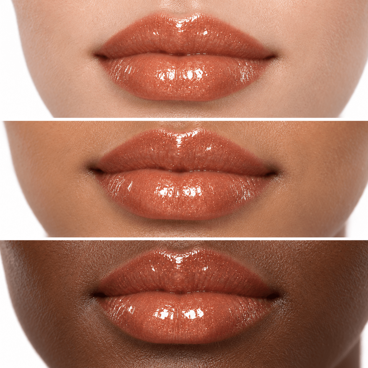 Sheglittary High Lip Gloss Glamour illustrative lip swatches on light medium and deep skin