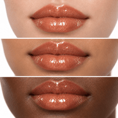 Sheglittary High Lip Gloss Glamour illustrative lip swatches on light medium and deep skin