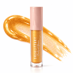 Sheglittary High Lip Gloss Gold Rush bottle and matching gloss swatch