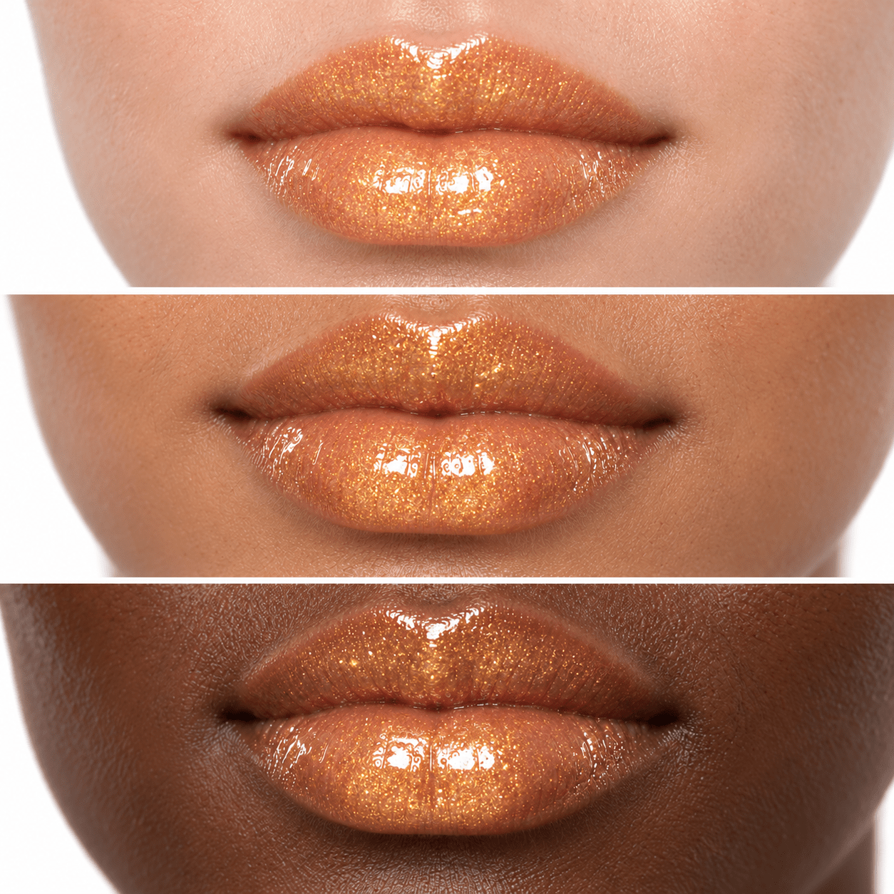 Sheglittary High Lip Gloss Gold Rush illustrative lip swatches on light medium and deep skin