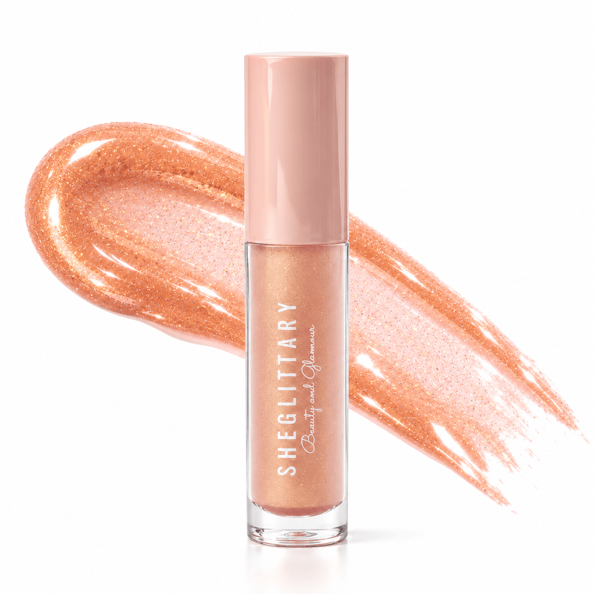 Sheglittary High Lip Gloss Golden Caramel bottle and matching gloss swatch