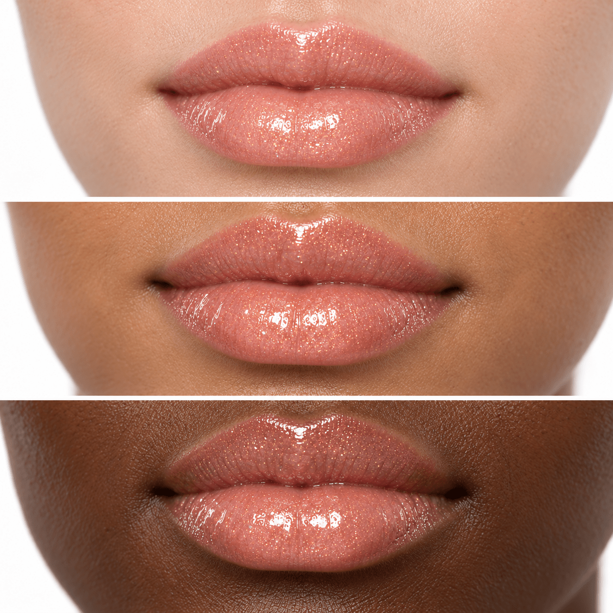 Sheglittary High Lip Gloss Gorgeous Girls illustrative lip swatches on light medium and deep skin