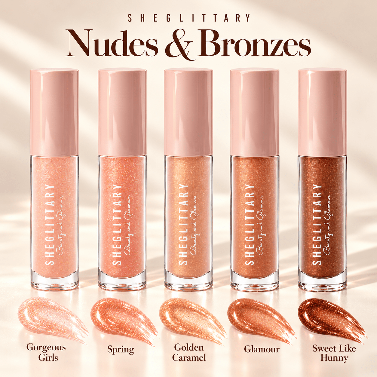 Sheglittary High Lip Gloss Nudes & Bronzes shade collection with matching swatches