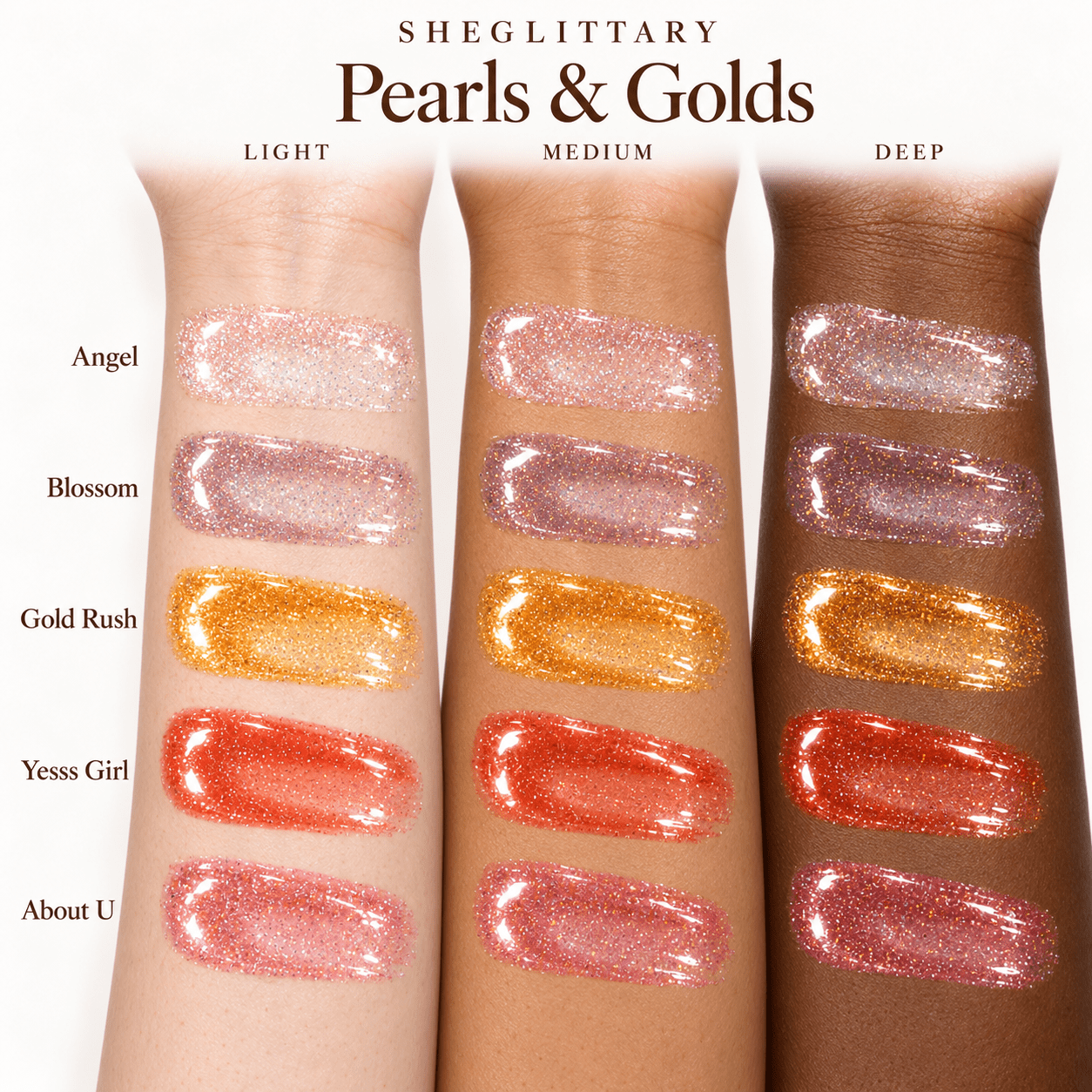 Sheglittary High Lip Gloss Pearls & Golds illustrative swatches on three skin tones