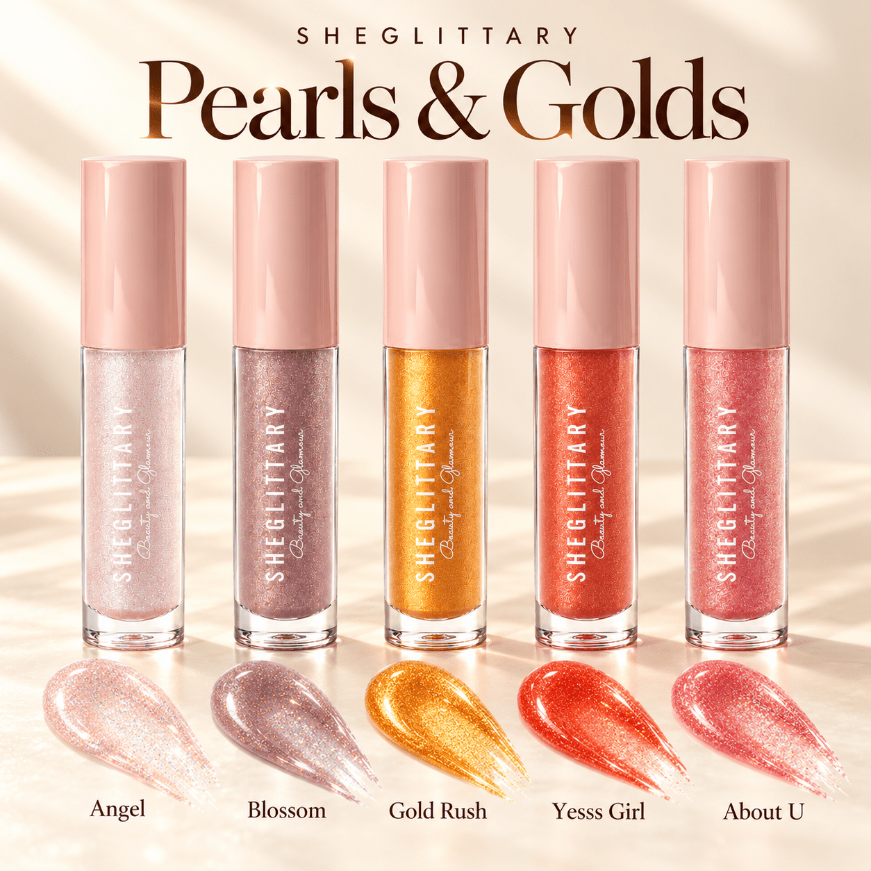 Sheglittary High Lip Gloss Pearls & Golds shade collection with matching swatches