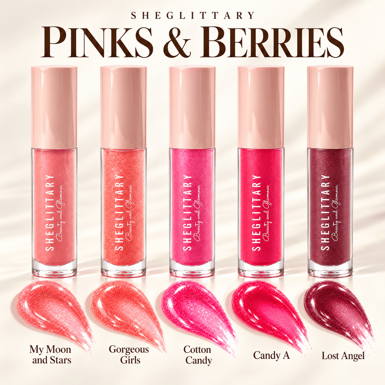 Sheglittary High Lip Gloss Pinks & Berries shade collection with matching swatches