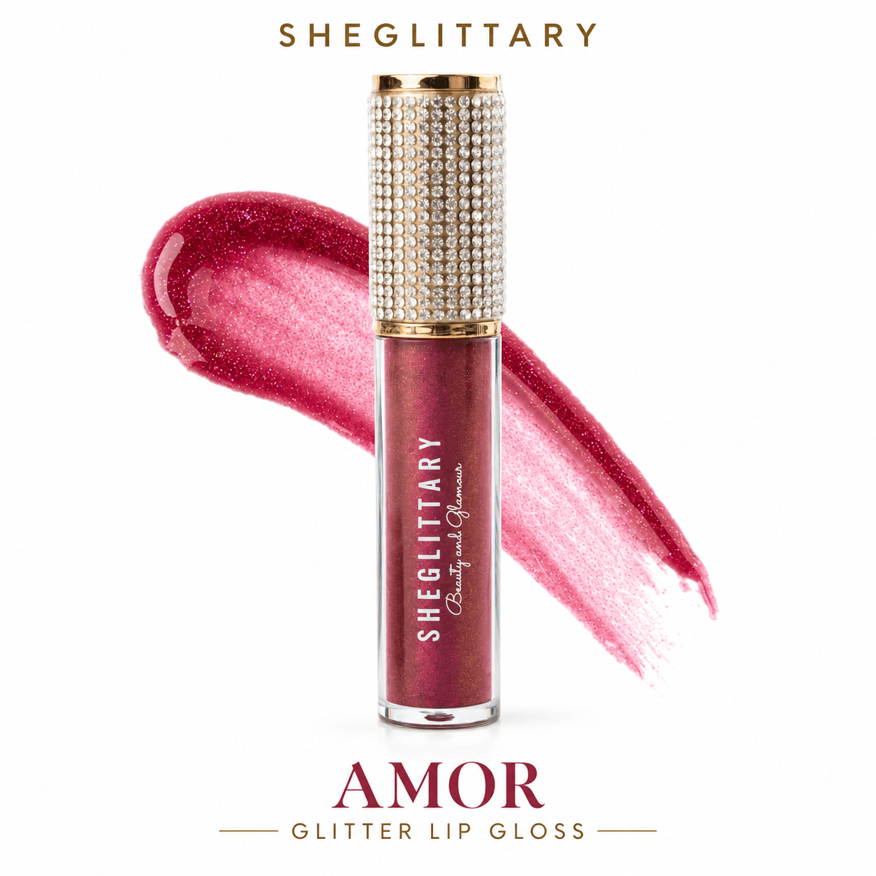 Sheglittary Glitter Lip Gloss Amor bottle and swatch