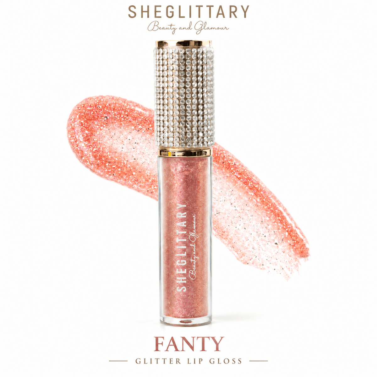 Sheglittary Glitter Lip Gloss Fanty bottle and swatch