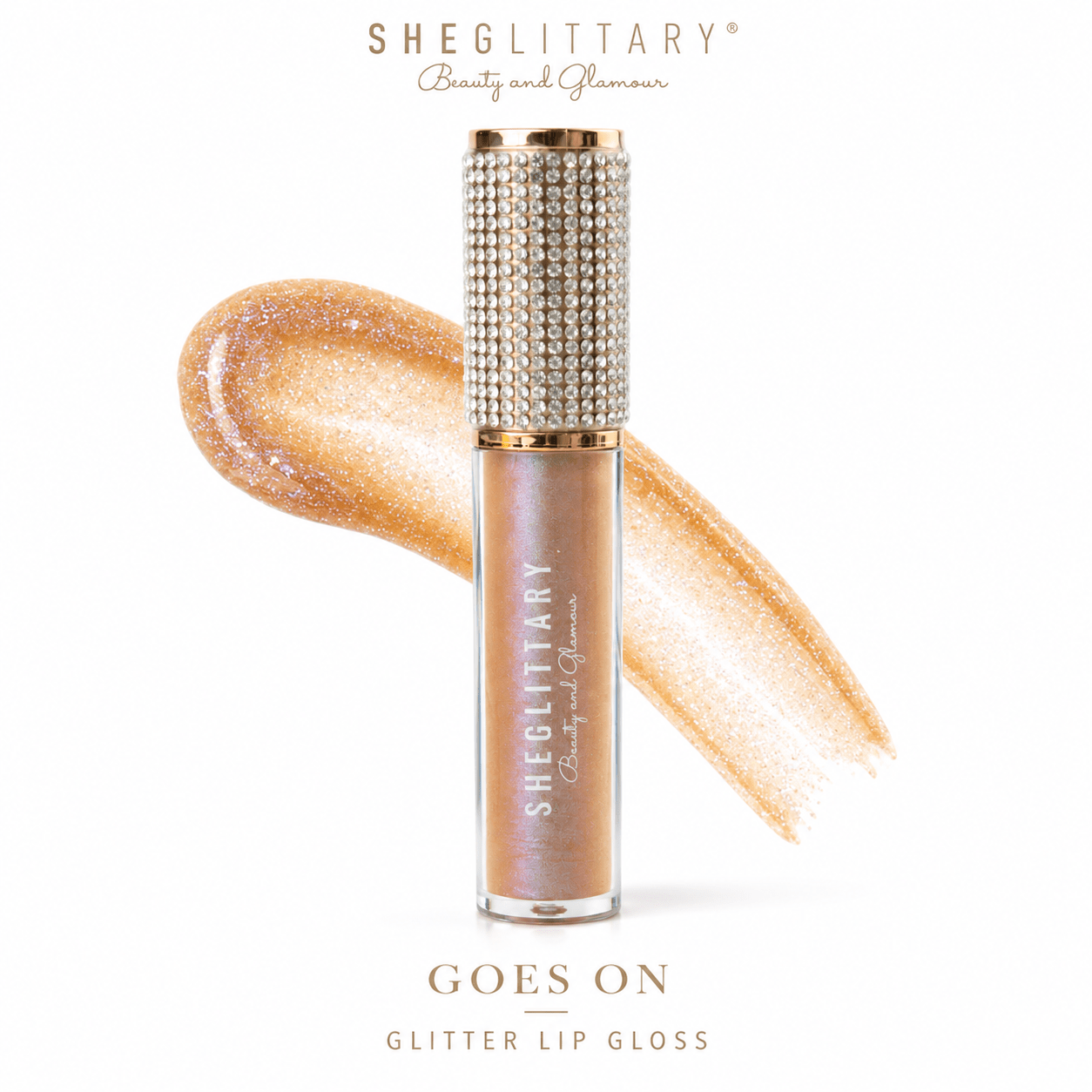 Sheglittary Glitter Lip Gloss Goes On bottle and swatch