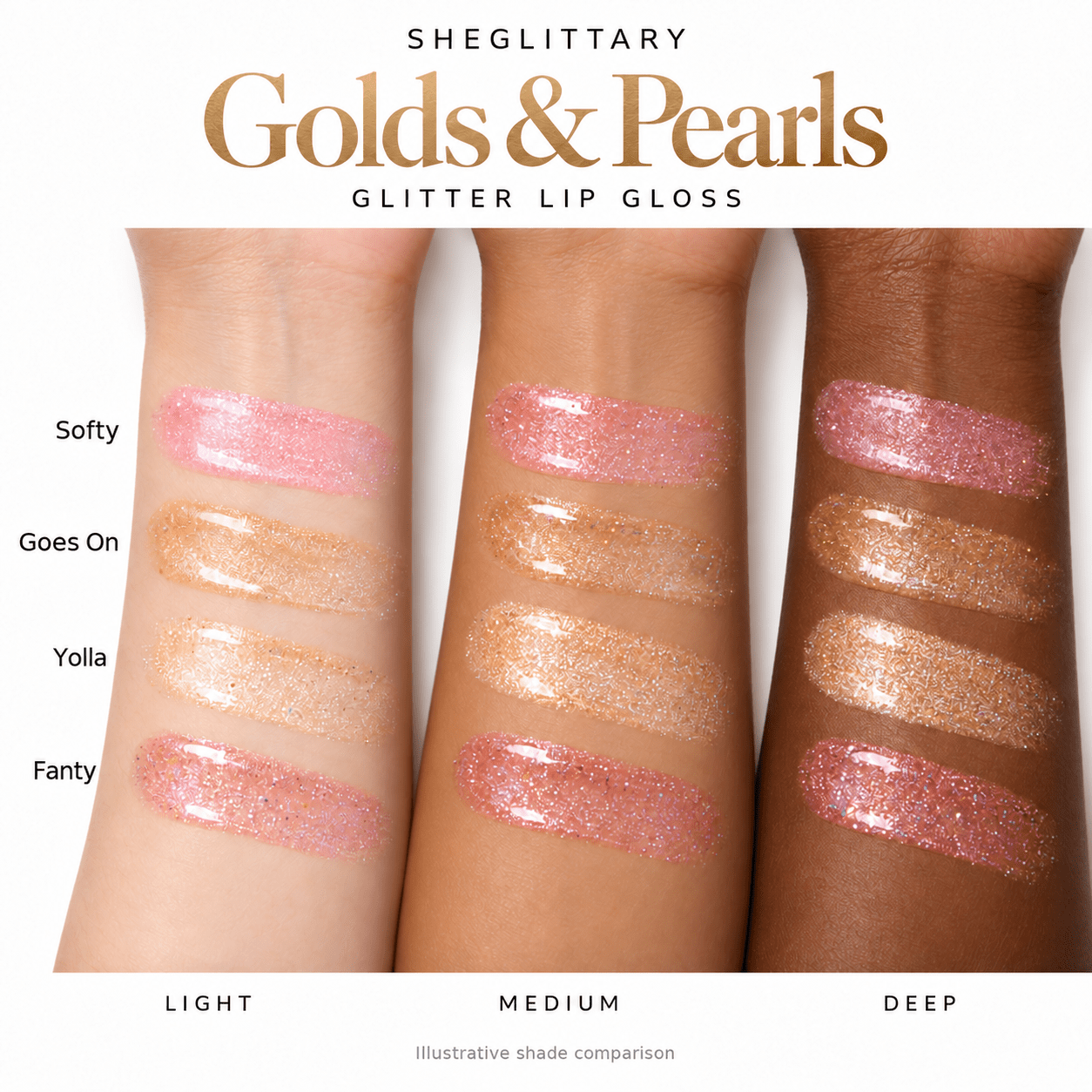 Sheglittary Glitter Lip Gloss Golds & Pearls arm swatches