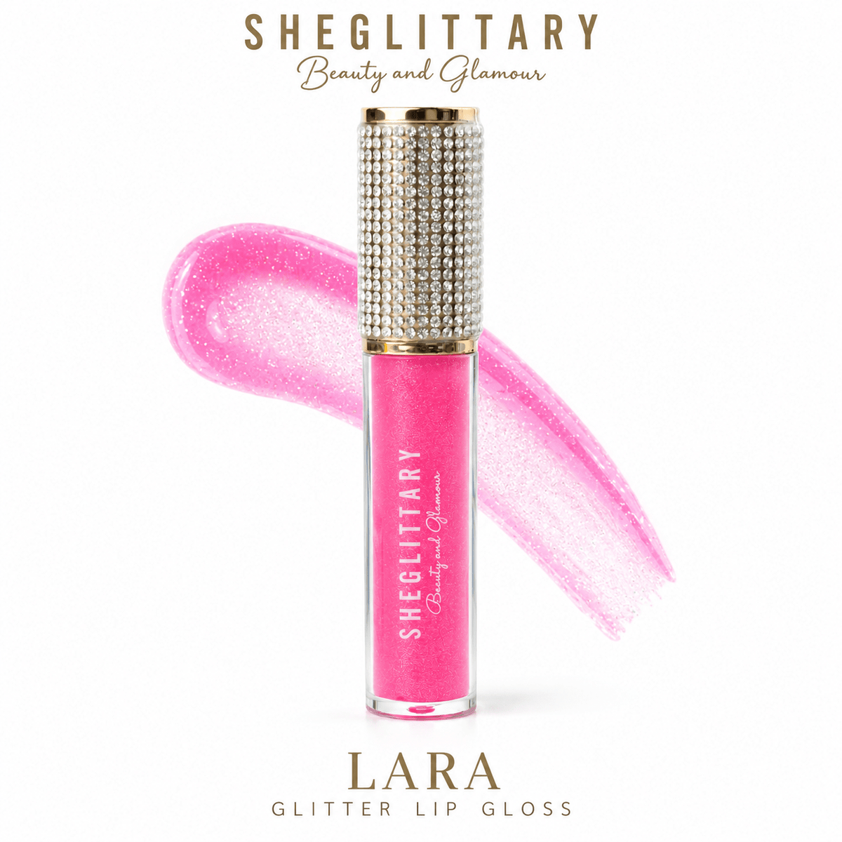 Sheglittary Glitter Lip Gloss Lara bottle and swatch