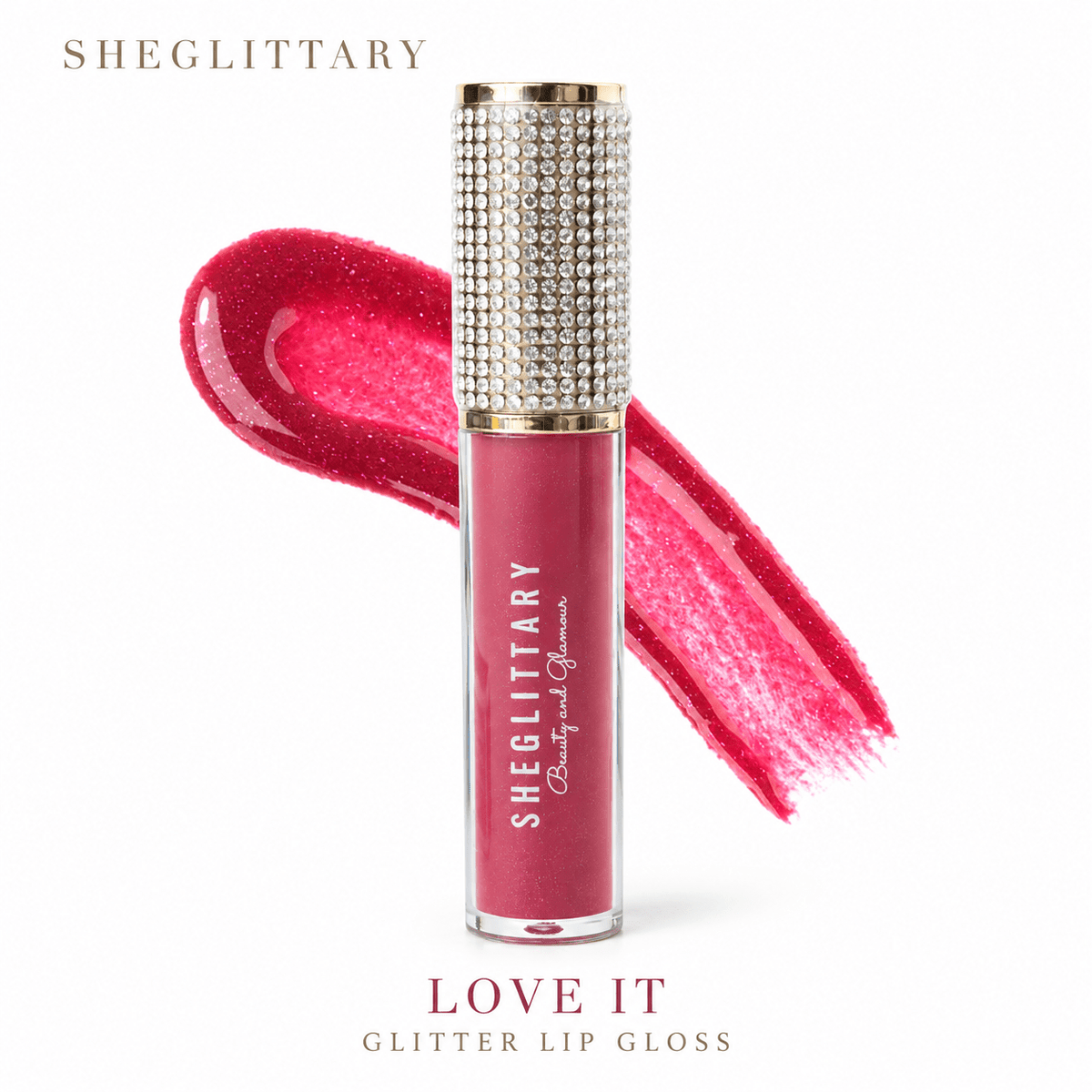 Sheglittary Glitter Lip Gloss Love It bottle and swatch